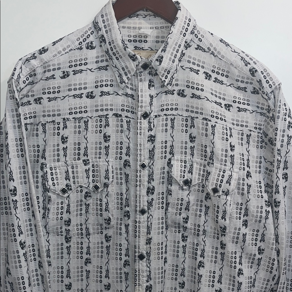 Vintage Scully Black & White Woven Skull Snap Front Mens Western Shirt Large